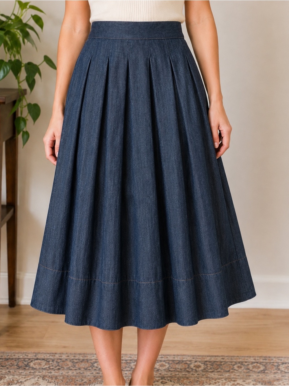 Talbots Size 2 Pleated Denim A-Line Midi Skirt Blue